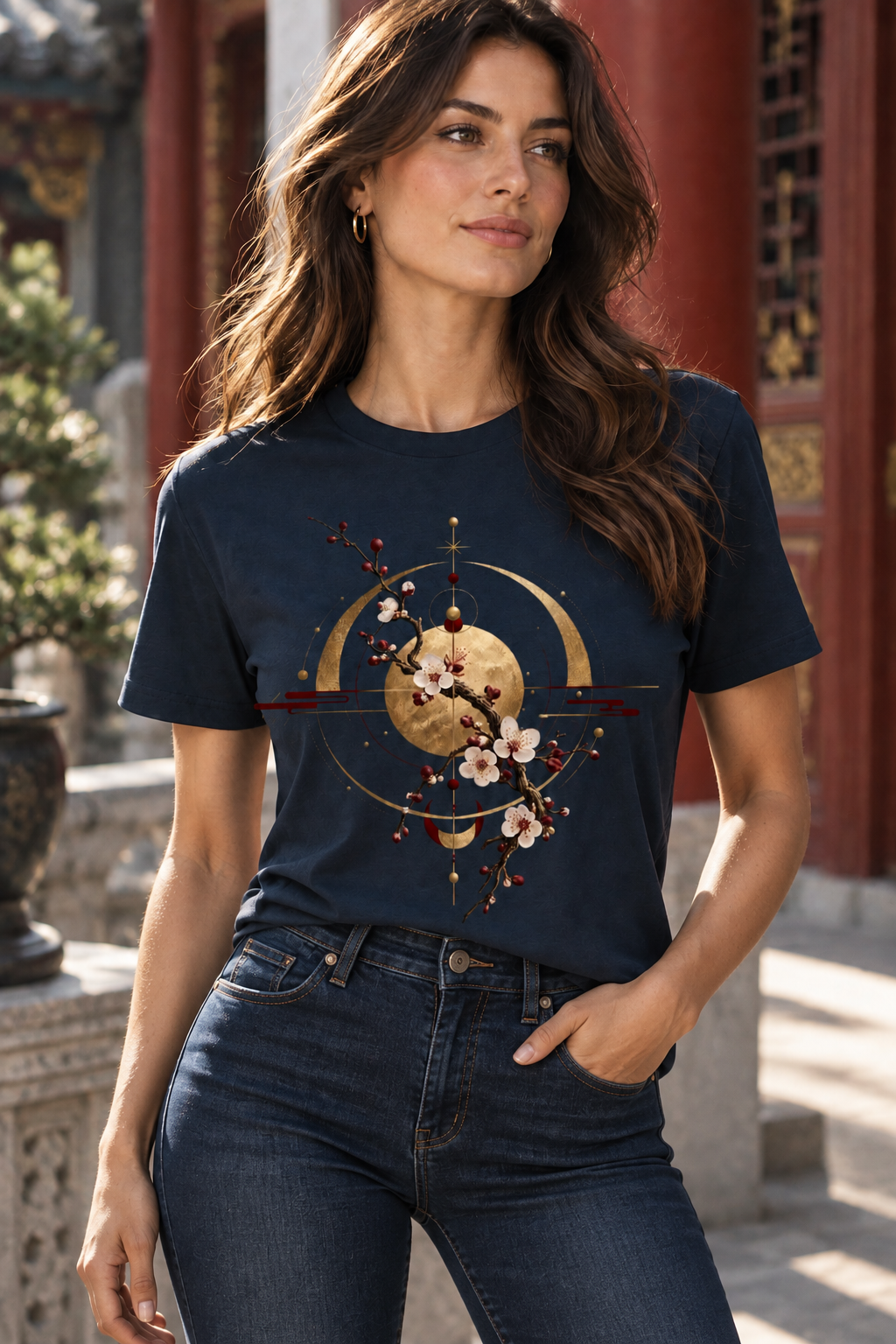A woman wearing a Navy graphic T-shirt featuring the Celestial Blossom design with golden celestial geometry, crescent forms, red accents and flowering branches.