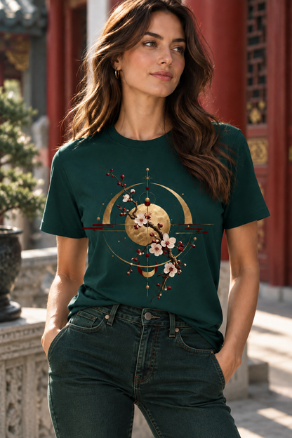 A woman wearing a dark green dark green graphic T-shirt featuring the Celestial Blossom design with golden celestial geometry, crescent forms, red accents and flowering branches.