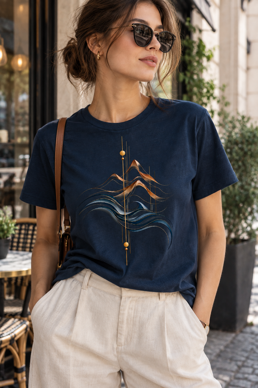 A woman wearing a Navy graphic T-shirt featuring the Golden Peaks design with layered antique-gold mountains, flowing deep blue waves and minimalist geometric lines.