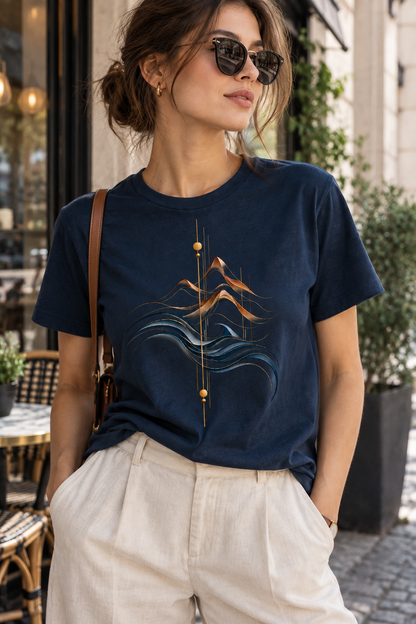 A woman wearing a Navy graphic T-shirt featuring the Golden Peaks design with layered antique-gold mountains, flowing deep blue waves and minimalist geometric lines.