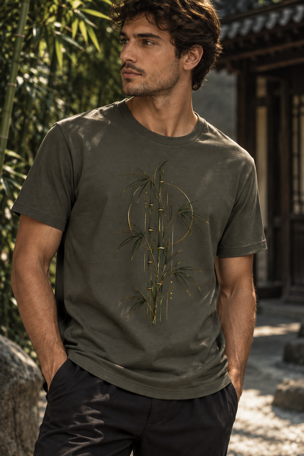 A man wearing an Olive green men's graphic T-shirt featuring the Golden Bamboo design with slender bamboo stems, leaves, antique-gold accents and circular geometric details.