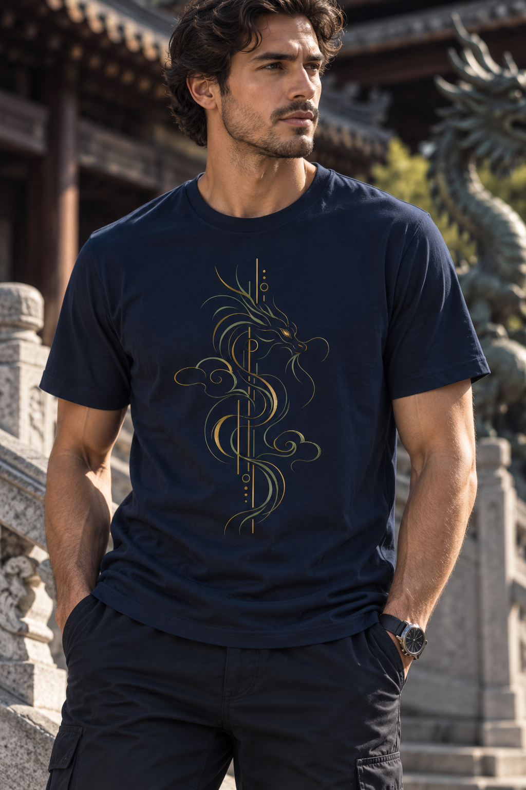 A man wearing a Navy men's graphic T-shirt featuring the Dragon Ascendant design with a stylized Asian-inspired dragon, flowing cloud forms and refined metallic-toned linework.