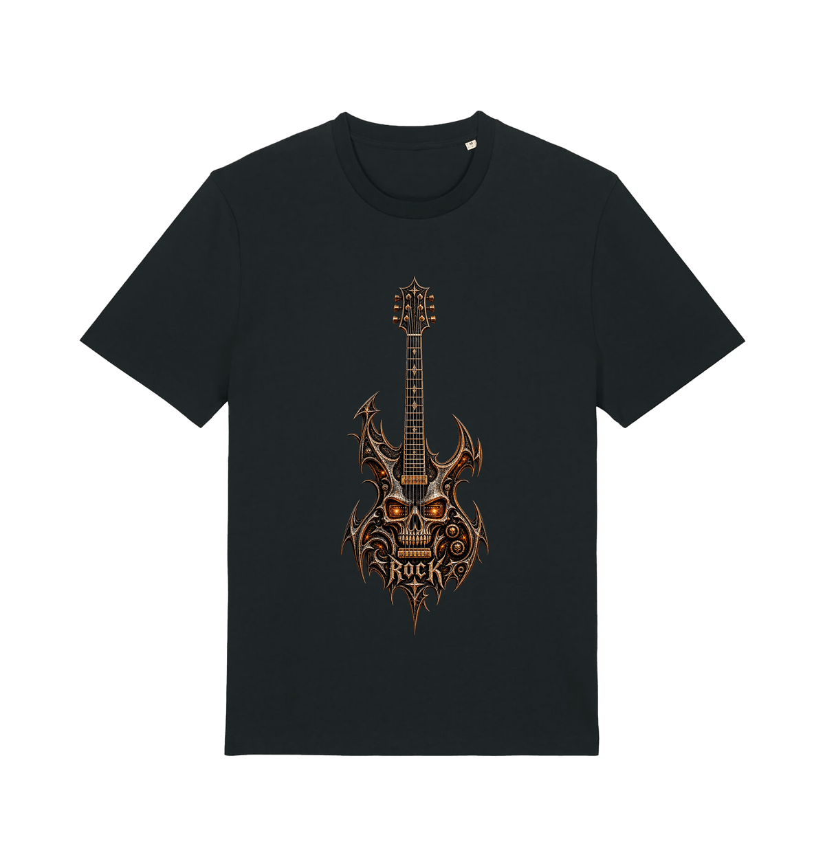 Men's black Demon Strings rock graphic T-shirt featuring a metallic electric guitar emerging from an intricate demonic skull design.
