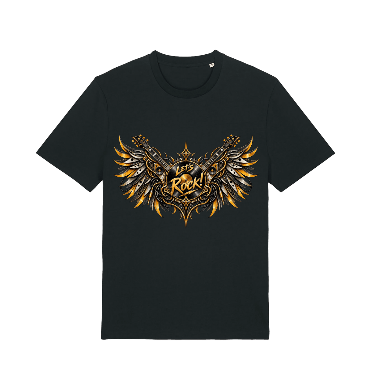 Men's black Wings of Rock graphic T-shirt featuring two electric guitars, metallic wings and a central Let's Rock design.