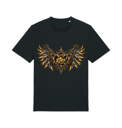 Men's black Wings of Rock graphic T-shirt featuring two electric guitars, metallic wings and a central Let's Rock design.