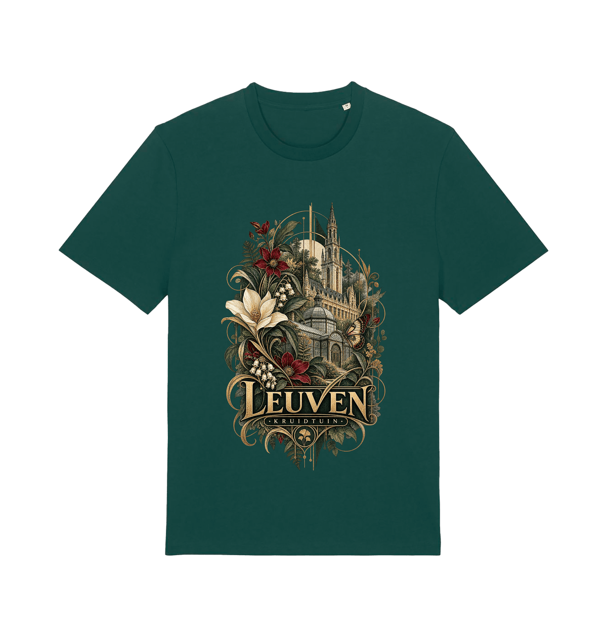 Green Leuven Belgium souvenir graphic T-shirt featuring historic architecture surrounded by flowers and botanical artwork in antique gold and burgundy