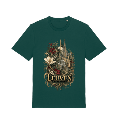 Green Leuven Belgium souvenir graphic T-shirt featuring historic architecture surrounded by flowers and botanical artwork in antique gold and burgundy