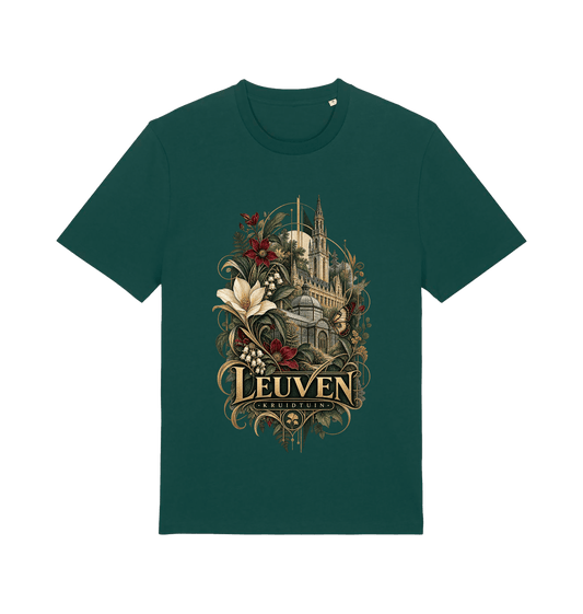 Green Leuven Belgium souvenir graphic T-shirt featuring historic architecture surrounded by flowers and botanical artwork in antique gold and burgundy