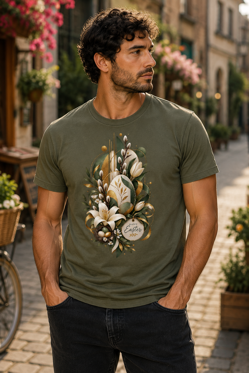 Man wearing green Easter Renewal men's seasonal graphic T-shirt featuring decorated Easter eggs, white flowers, spring foliage and gold artistic details.