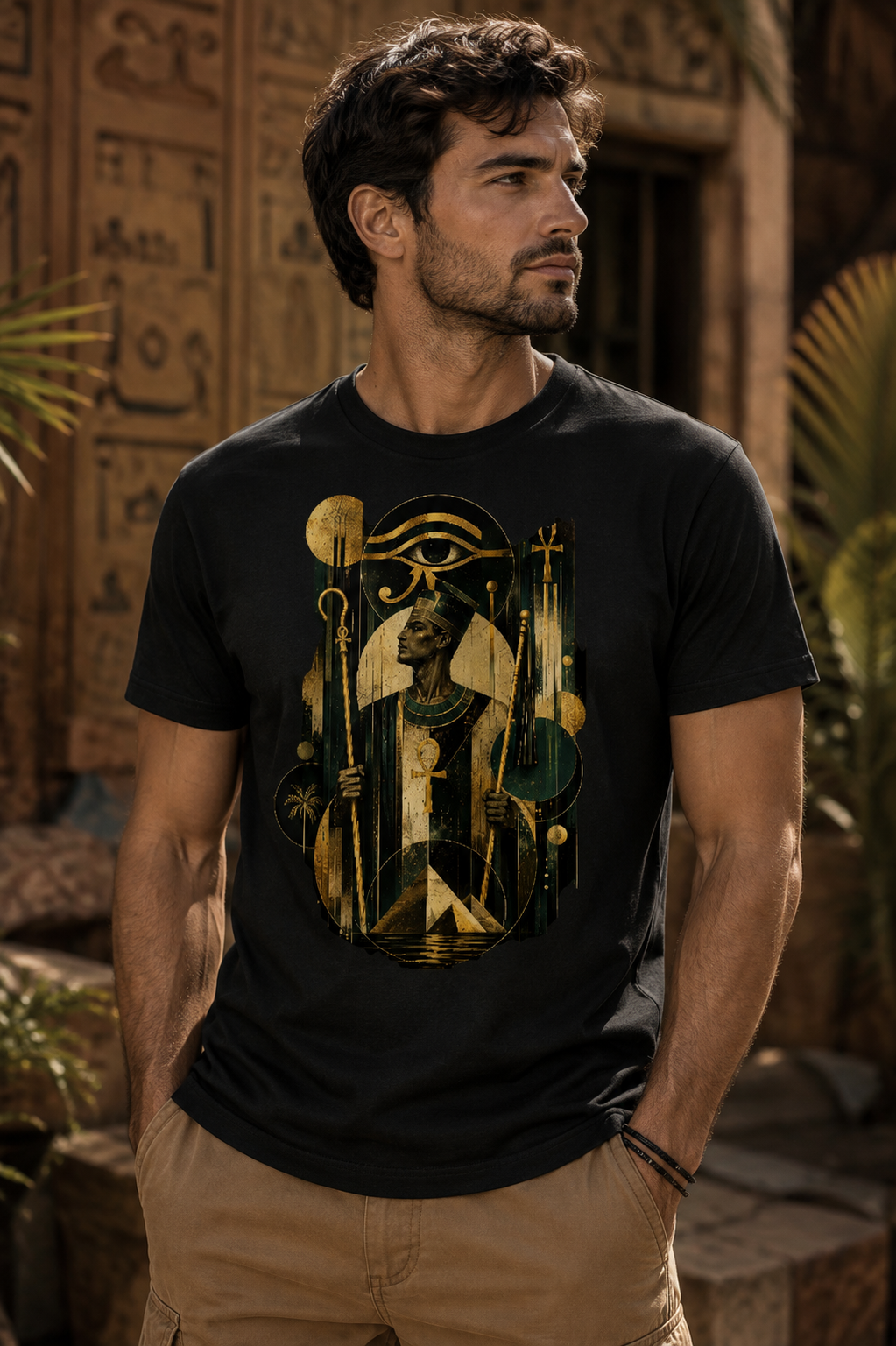 Sacred Guardian men's Egyptian mythology graphic T-shirt featuring an Egyptian priest, Eye of Horus, Ankh symbols and pyramids in gold and dark green geometric art