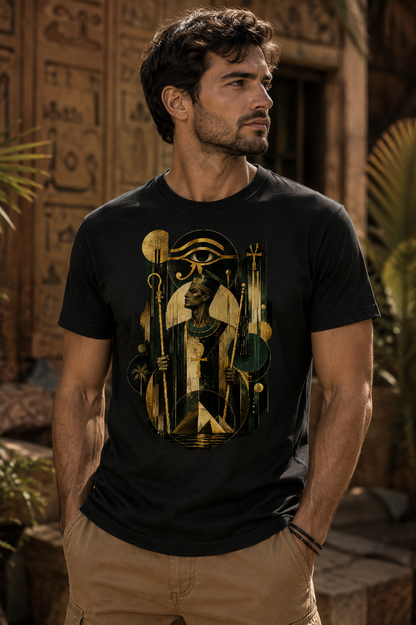 Sacred Guardian men's Egyptian mythology graphic T-shirt featuring an Egyptian priest, Eye of Horus, Ankh symbols and pyramids in gold and dark green geometric art