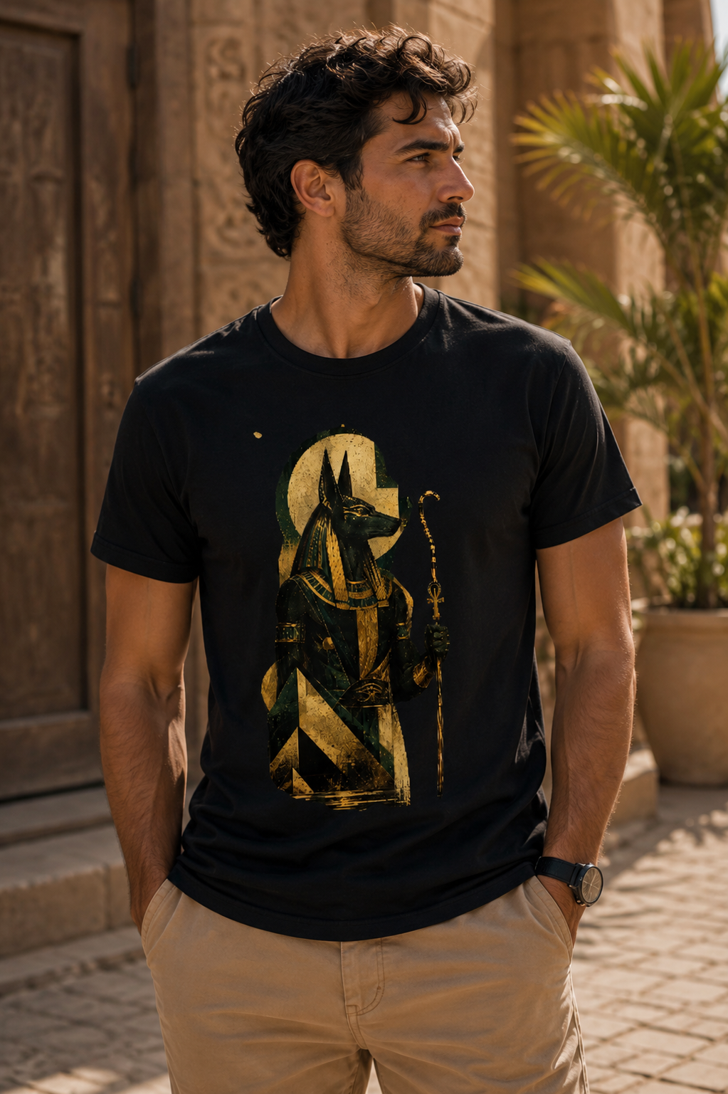 Anubis Ascendant men's Egyptian mythology graphic T-shirt featuring Anubis, Ankh and geometric pyramid elements in aged gold and deep green