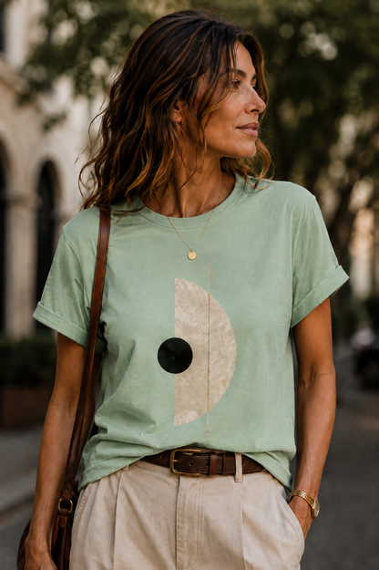 Woman wearing Sage Geometry abstract graphic T-shirt with minimalist geometric artwork in sage green