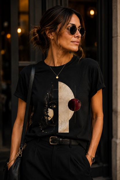Woman wearing Abstract Symmetry women's abstract geometric graphic T-shirt by Exalyn Studio