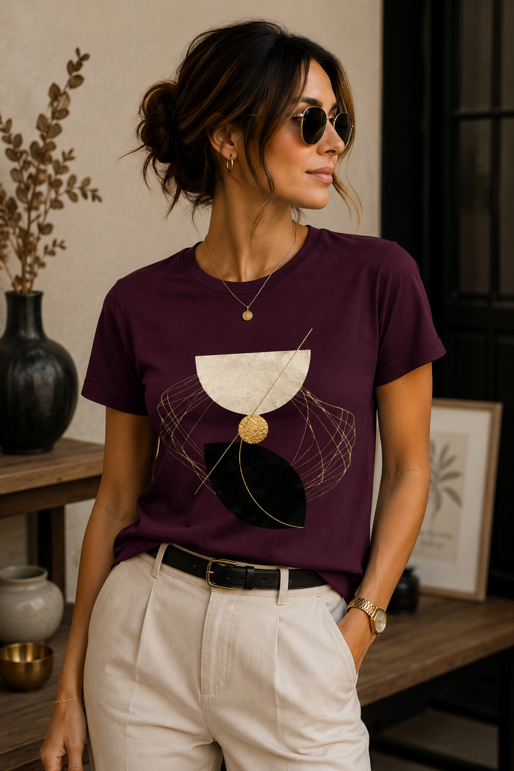 Woman wearing The Earth Monolith burgundy abstract graphic T-shirt with geometric semicircles and golden line artwork