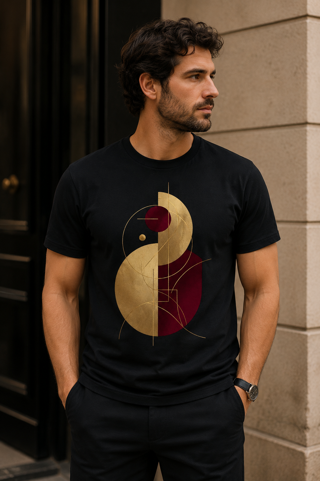A man wearing a black crew-neck t-shirt with a gold and burgundy geometric graphic print, standing outdoors against a beige stone wall.