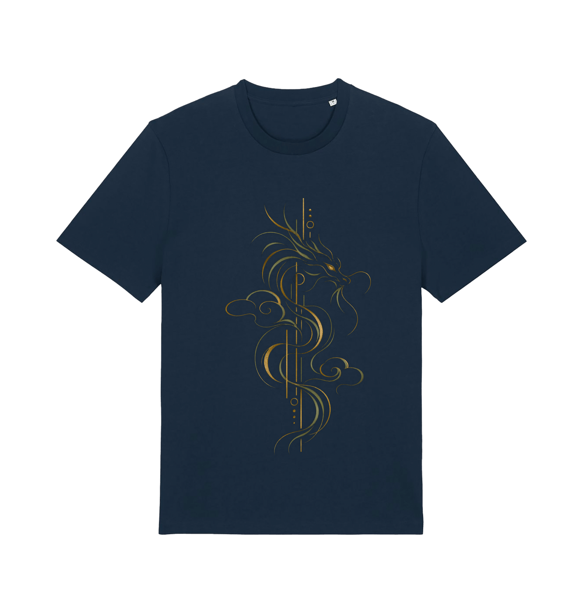 Navy men's graphic T-shirt featuring the Dragon Ascendant design with a stylized Asian-inspired dragon, flowing cloud forms and refined metallic-toned linework.