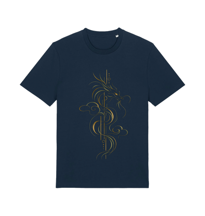 Navy men's graphic T-shirt featuring the Dragon Ascendant design with a stylized Asian-inspired dragon, flowing cloud forms and refined metallic-toned linework.