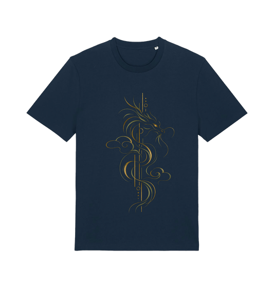 Navy men's graphic T-shirt featuring the Dragon Ascendant design with a stylized Asian-inspired dragon, flowing cloud forms and refined metallic-toned linework.