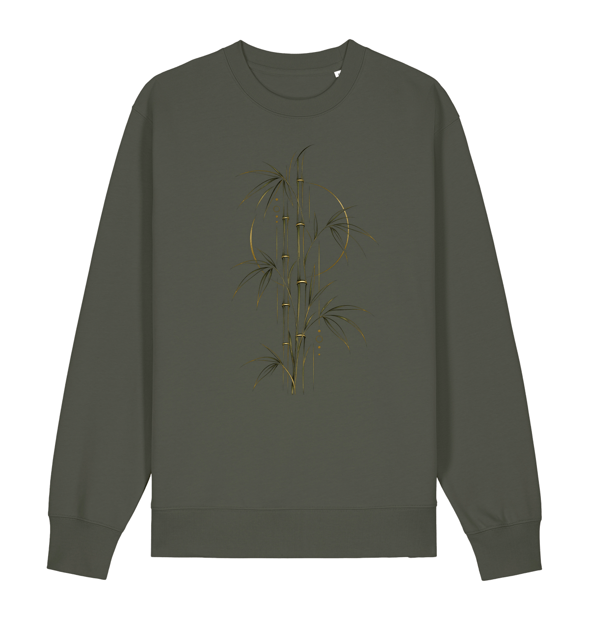 Olive green unisex graphic sweatshirt featuring a stylized bamboo botanical design with fine dark lines and golden accents by Exalyn Studio.