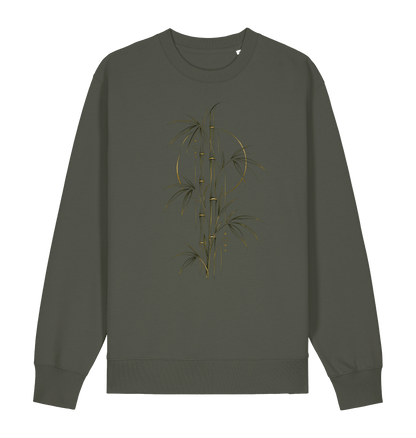 Olive green unisex graphic sweatshirt featuring a stylized bamboo botanical design with fine dark lines and golden accents by Exalyn Studio.