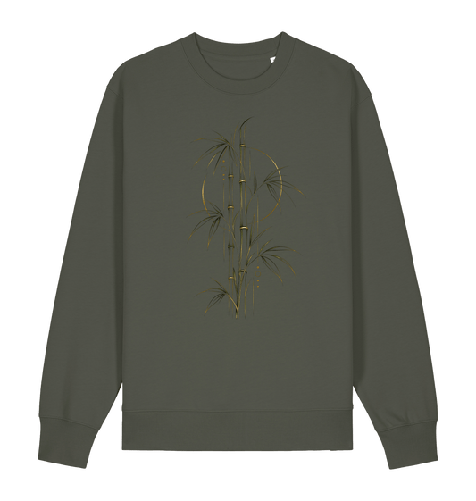 Olive green unisex graphic sweatshirt featuring a stylized bamboo botanical design with fine dark lines and golden accents by Exalyn Studio.
