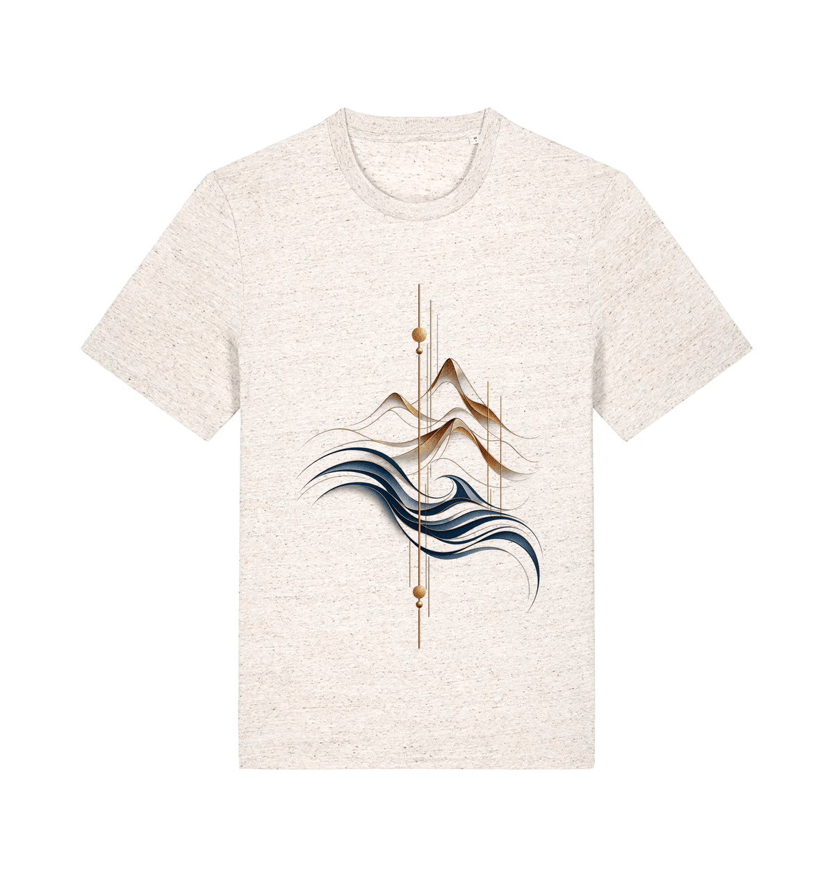 Ivory graphic T-shirt featuring the Golden Peaks design with layered antique-gold mountains, flowing deep blue waves and minimalist geometric lines.