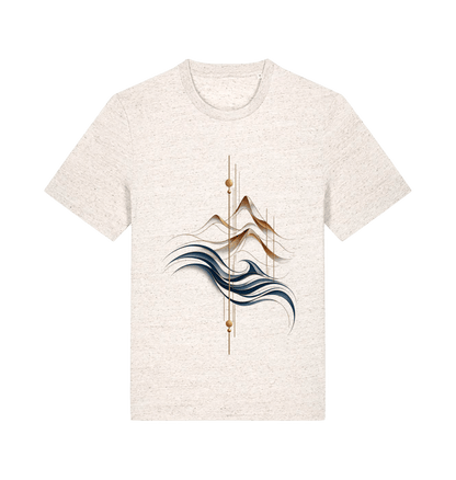Ivory graphic T-shirt featuring the Golden Peaks design with layered antique-gold mountains, flowing deep blue waves and minimalist geometric lines.