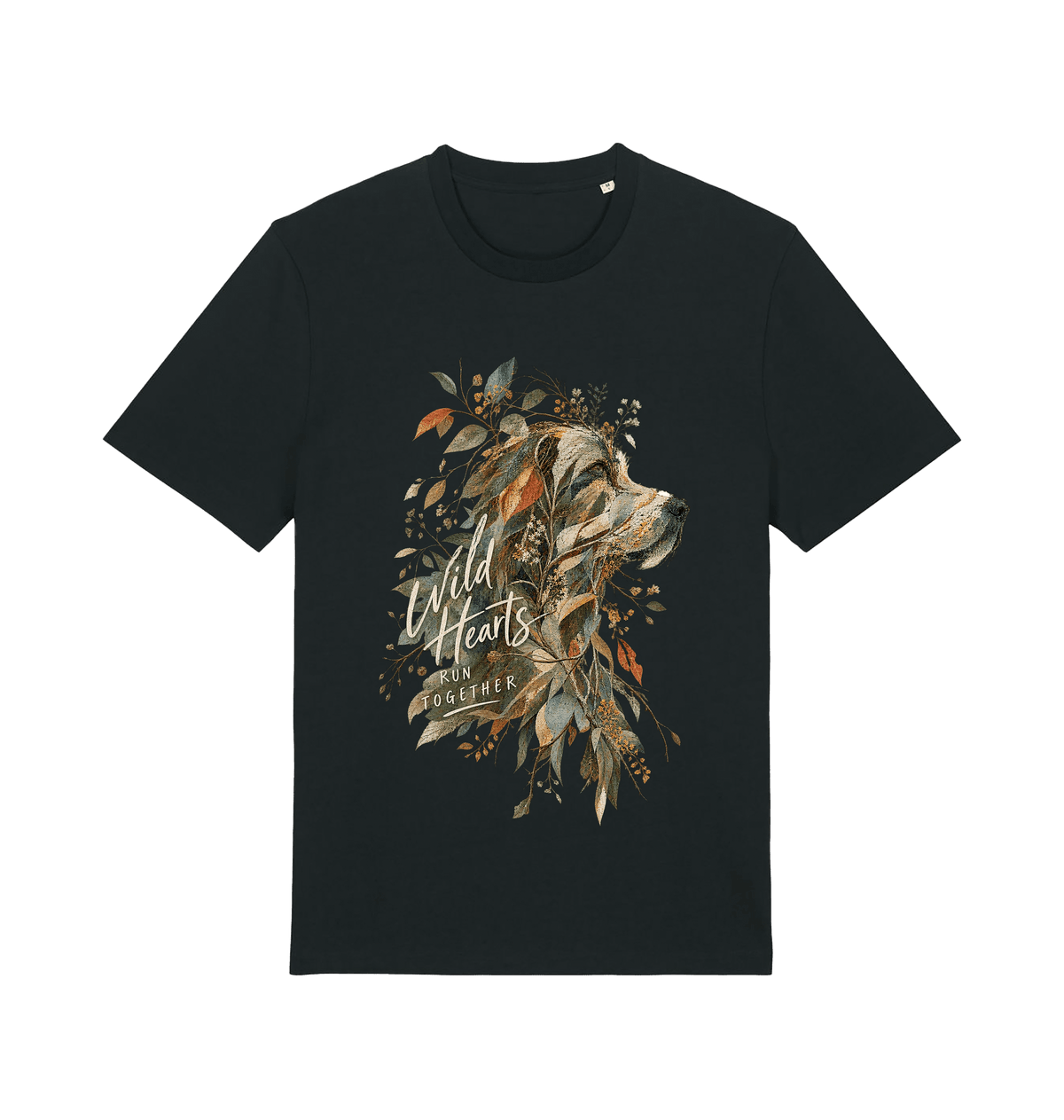 Women’s black Wild Together dog graphic T-shirt featuring an artistic dog portrait, botanical leaves and Wild Hearts Run Together typography