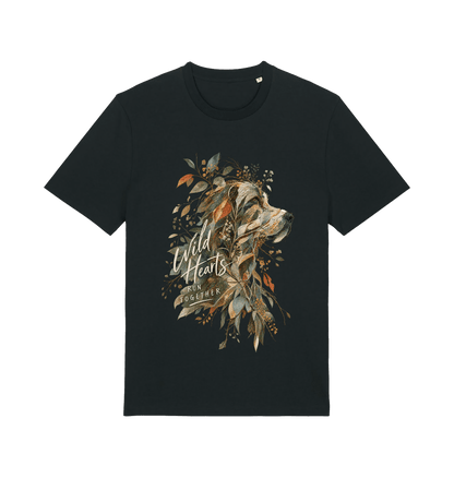 Women’s black Wild Together dog graphic T-shirt featuring an artistic dog portrait, botanical leaves and Wild Hearts Run Together typography
