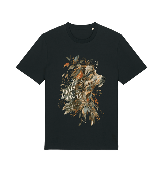 Women’s black Wild Together dog graphic T-shirt featuring an artistic dog portrait, botanical leaves and Wild Hearts Run Together typography