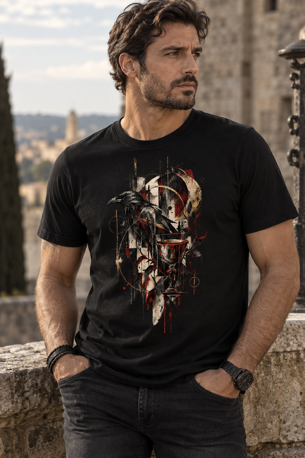 Men wearing a black Crimson Omen dark Gothic graphic T-shirt with raven, chalice, lunar elements and abstract geometric artwork