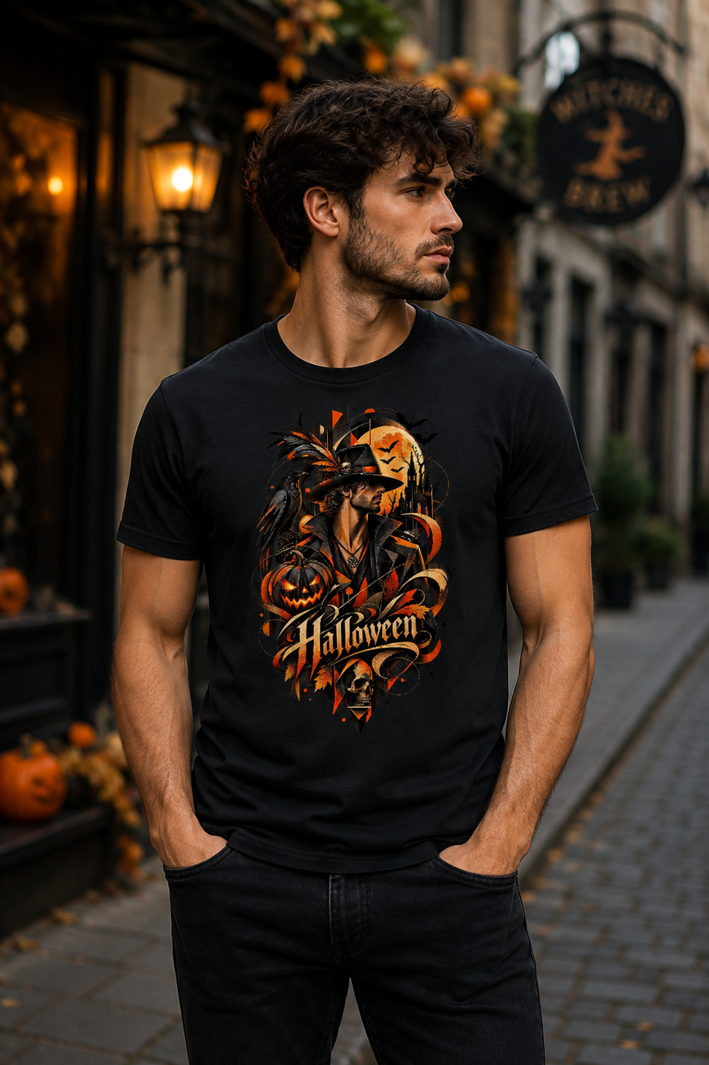 Man wearing black Halloween Shadows men's seasonal graphic T-shirt featuring raven, jack-o'-lantern, moon, bats and skull artwork.