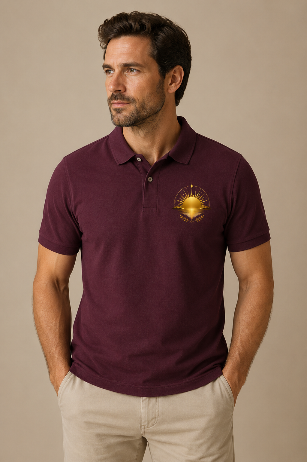 Man wearing a burgundy Earth Golden Horizon heritage graphic polo shirt with a golden sun and landscape chest design