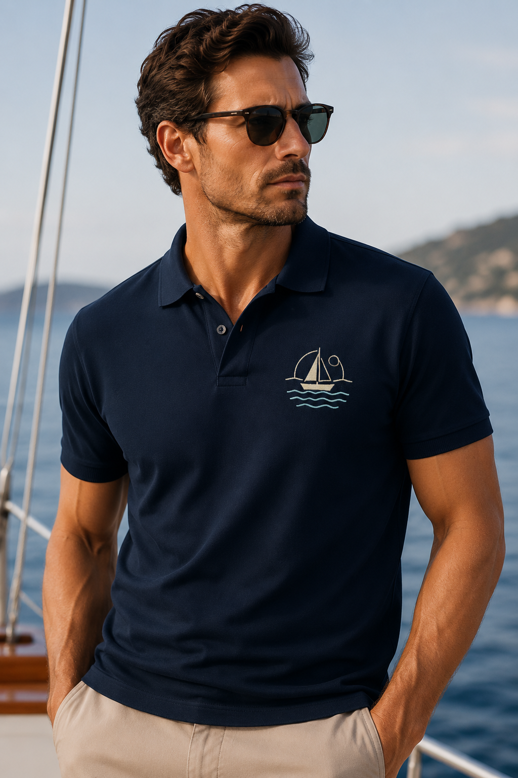 Man wearing a navy Water Open Horizon heritage graphic polo shirt with a stylized sailboat and wave chest design