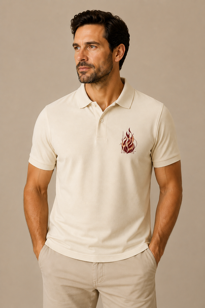 Man wearing a cream Fire Eternal Flame heritage graphic polo shirt with an abstract burgundy flame chest design