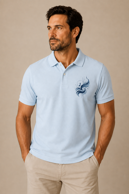 Man wearing a light blue Wind Infinite Flow heritage graphic polo shirt with an abstract navy flowing wind chest design