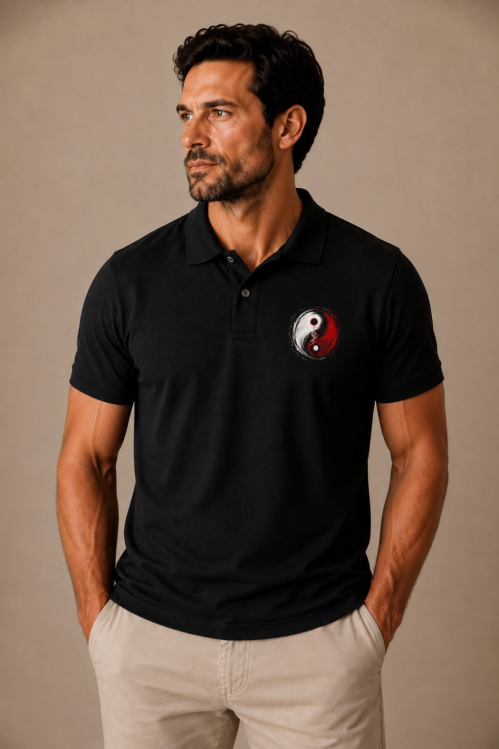 Man wearing a black Soul Essence heritage graphic polo shirt with a red and white Yin Yang and DNA-inspired chest design