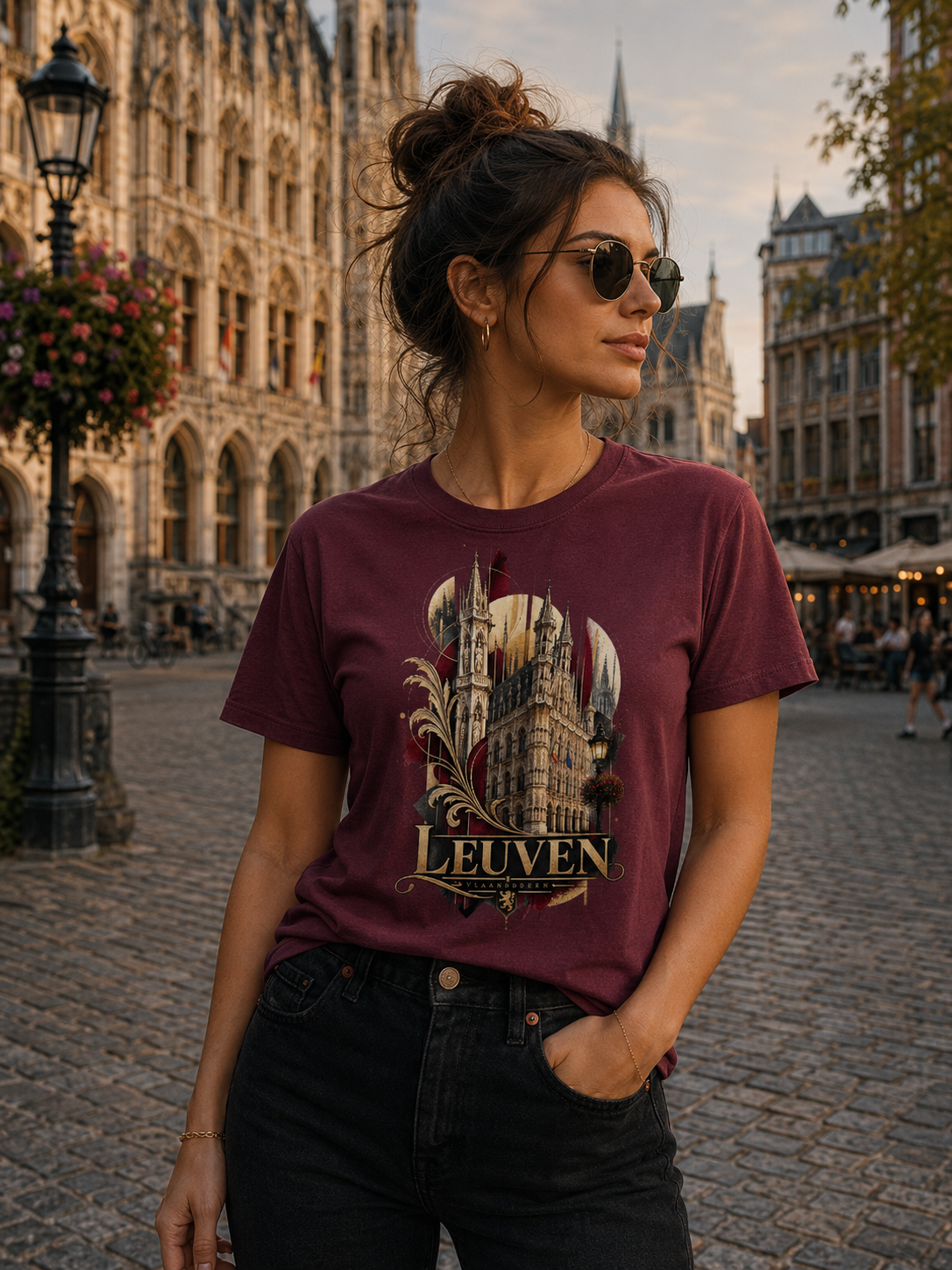 A woman wearing a Burgundy Leuven Belgium souvenir graphic T-shirt featuring Gothic architecture with antique gold, cream and burgundy artistic details
