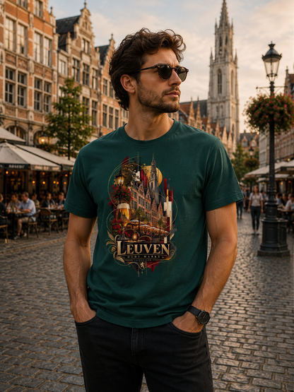 A man wearing a Green Leuven Belgium souvenir graphic T-shirt featuring Oude Markt architecture, café terraces, flowers and Belgian beer in gold and burgundy tones