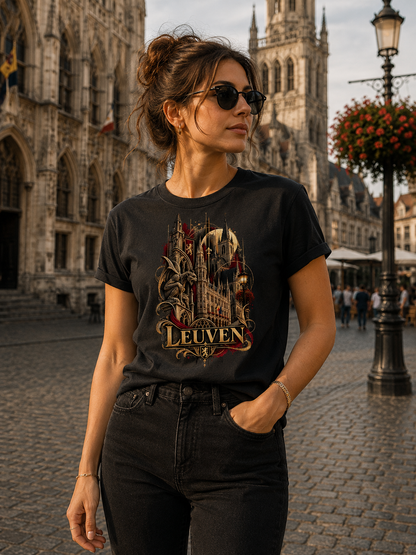 A woman wearing a Black Leuven Belgium souvenir graphic T-shirt featuring Gothic architecture and sculptural details in antique gold and burgundy