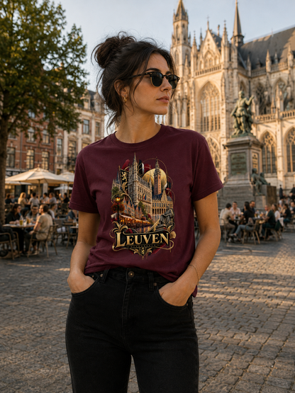 A woman wearing a Burgundy Leuven Belgium souvenir graphic T-shirt featuring historic city architecture and landmarks in antique gold, red and warm amber tones