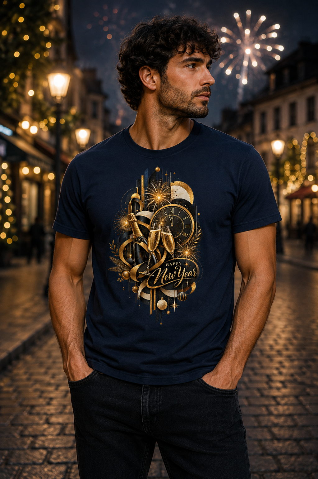 Man wearing navy Midnight Celebration men's seasonal graphic T-shirt featuring a midnight clock, champagne glasses, fireworks and gold festive artwork.