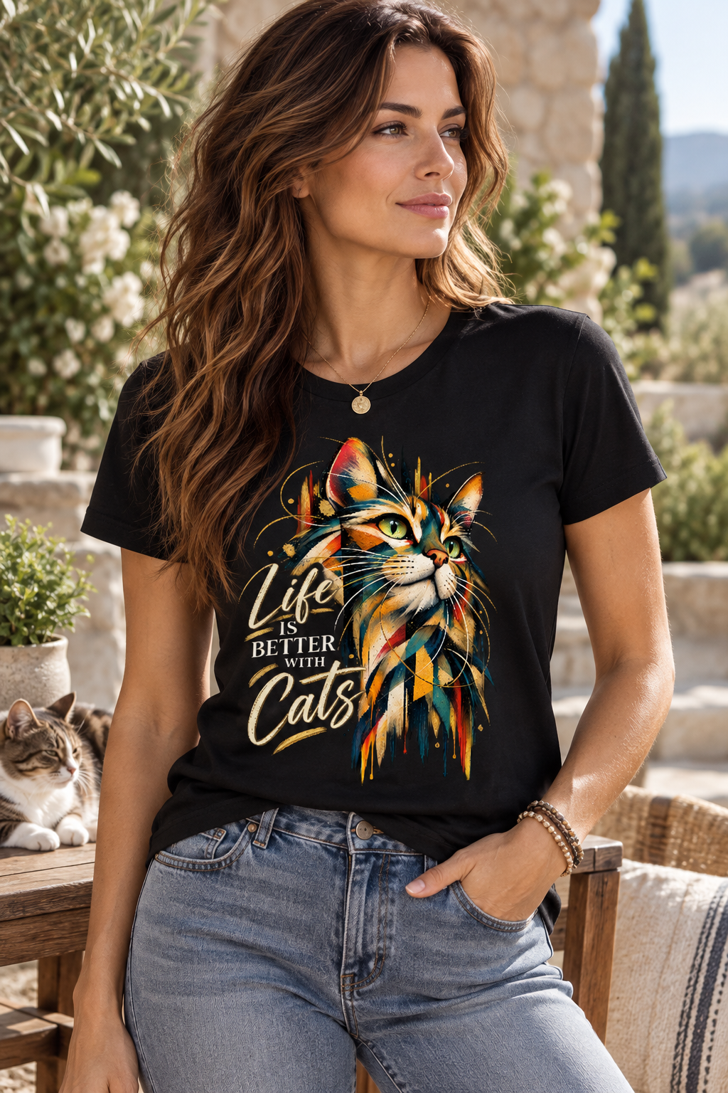 Woman wearing a black Better With Cats graphic T-shirt featuring a colourful artistic cat portrait and Life Is Better With Cats typography