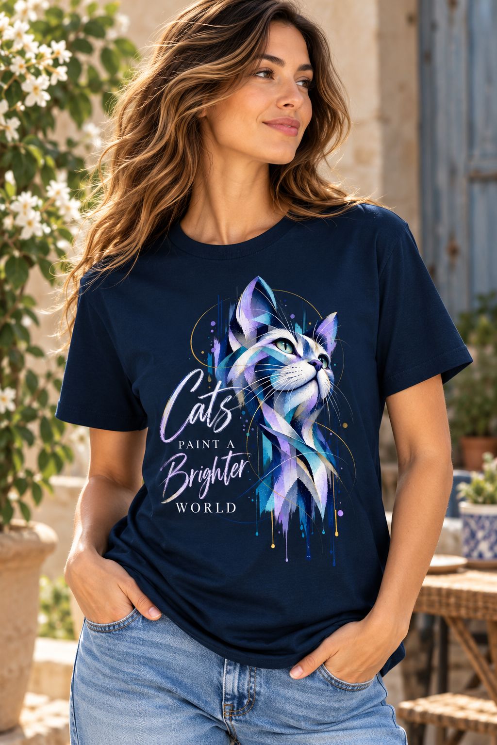 Woman wearing a navy Brighter World cat graphic T-shirt featuring a geometric blue and violet cat portrait and Cats Paint a Brighter World typography