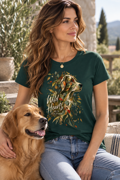 Woman wearing a green Wild Hearts dog graphic T-shirt featuring an artistic dog portrait, botanical details and Wild Hearts Run Together typography