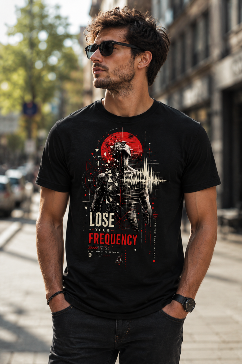 Men’s black rave graphic T-shirt with Lose Your Frequency techno artwork by Exalyn Studio