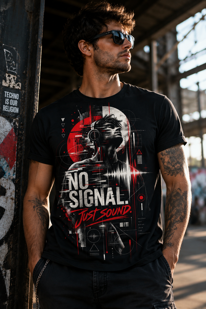 Man wearing black No Signal Just Sound rave and techno graphic T-shirt by Exalyn Studio