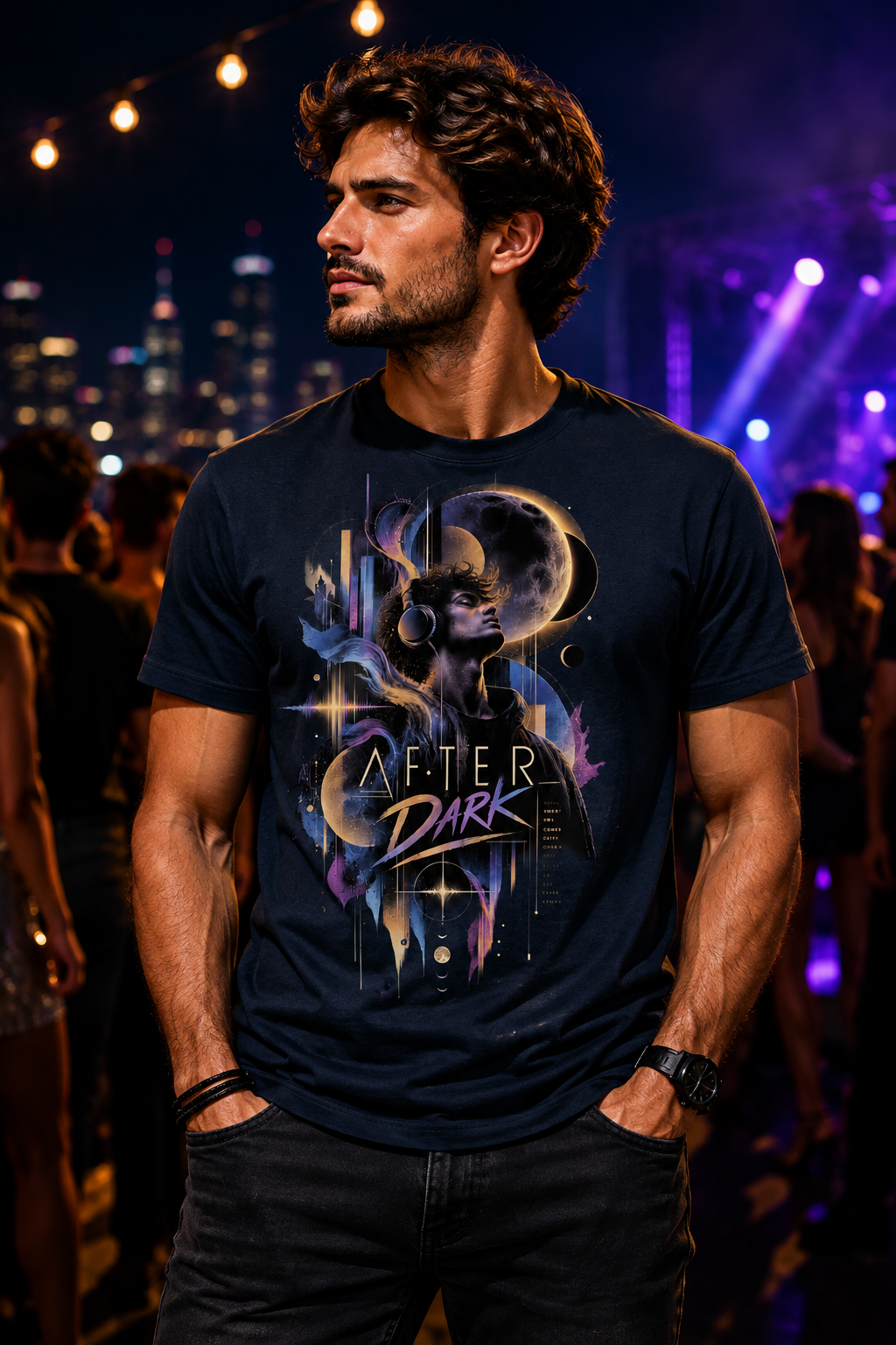Man wearing dark blue After Dark rave and techno graphic T-shirt with moon, soundwave and geometric artwork by Exalyn Studio.