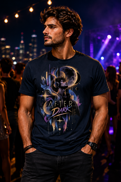 Man wearing dark blue After Dark rave and techno graphic T-shirt with moon, soundwave and geometric artwork by Exalyn Studio.